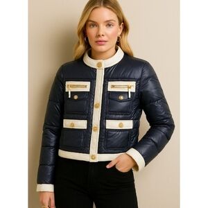 Y2k Twisted Heart Black White Trim Puffer Jacket Gold Button Zip Pockets
